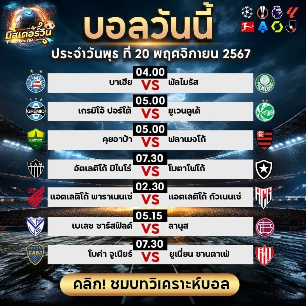 ทีเด็ด สเต็ป มิสเตอร์วิน วิเคราะห์บอลวันนี้ 20 พฤศจิกายน 2567